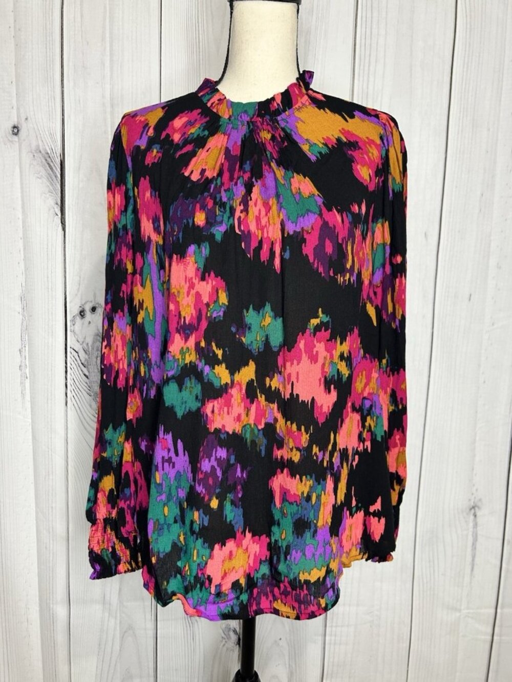 Jodifl Blouse Womens Sz M Multicolor Smocked Long Sleeve Boho Semi Sheer Top